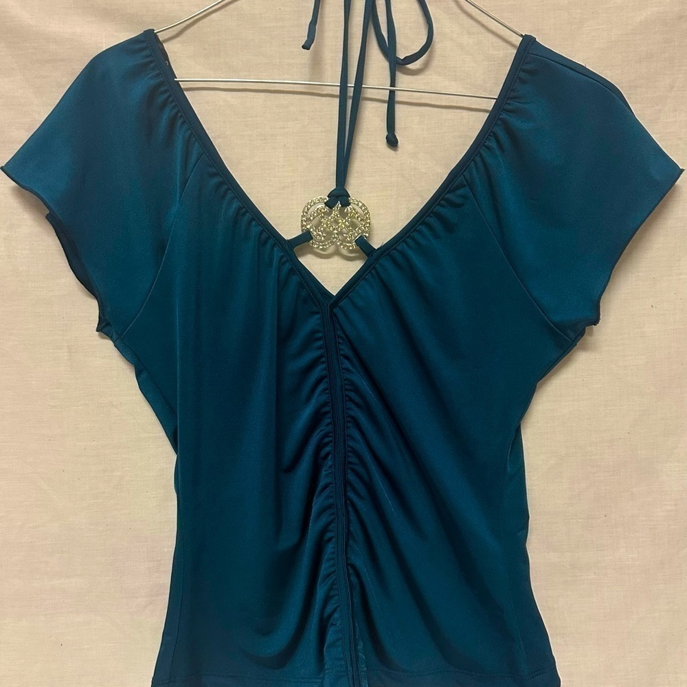My Michelle Dark Green Blouse, Ties Around the Neck, Size Medium